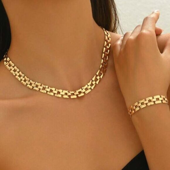 18K Gold Filled Box Link Necklace & Bracelet Set - Picture 1 of 4